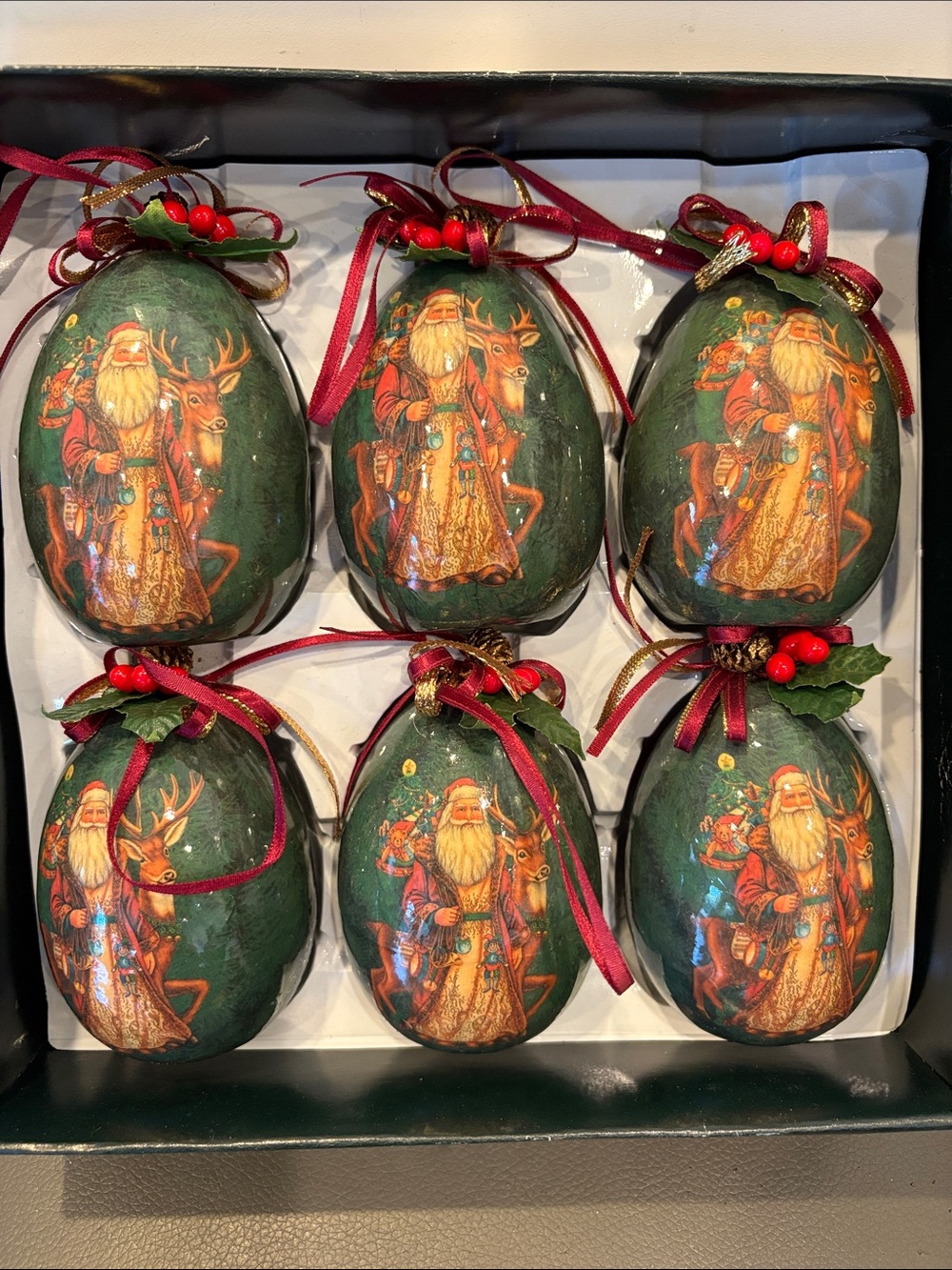 Vintage Paper Mache Egg Shaped Christmas Ornaments, Santa & Reindeer - Set of 6
